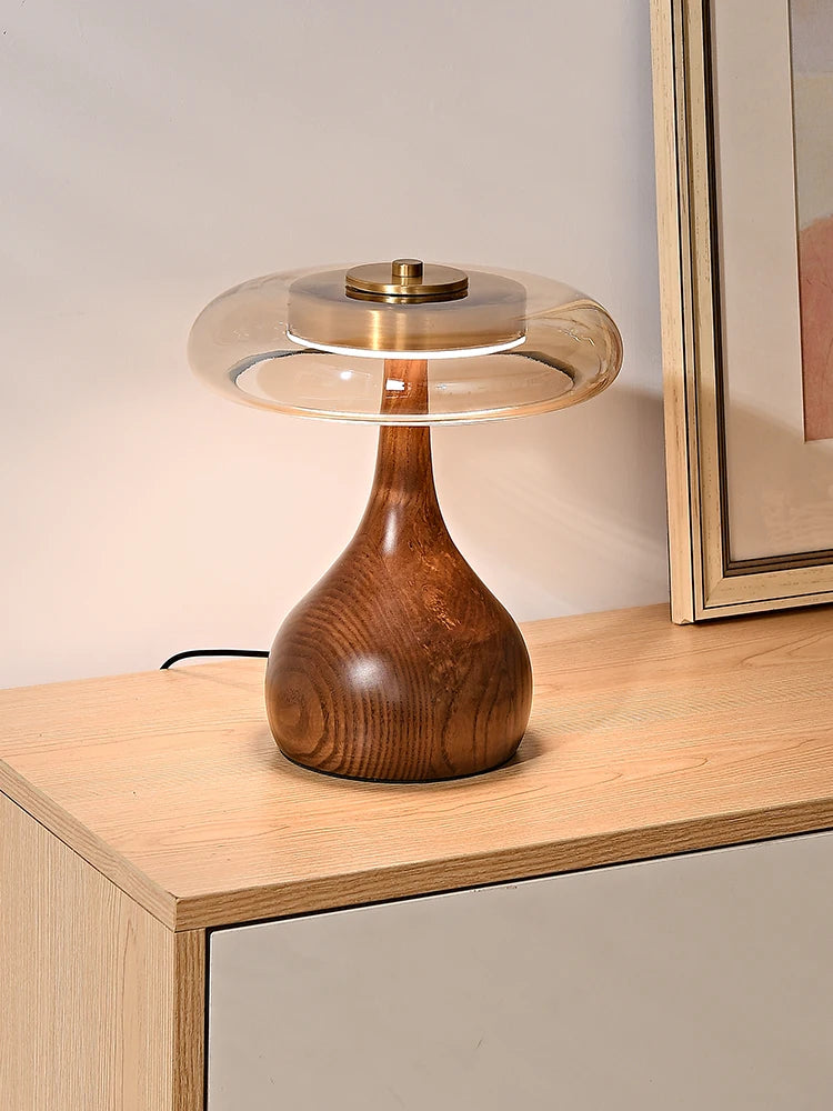 lampe table moderne verre transparent bois foncé brillant contemporaine minimaliste led chambre salon