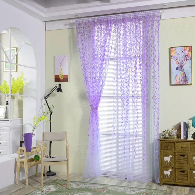 rideaux voilage feuilles stylisées vert jaune bleu violet décoratifs translucides fenêtre chambre salon