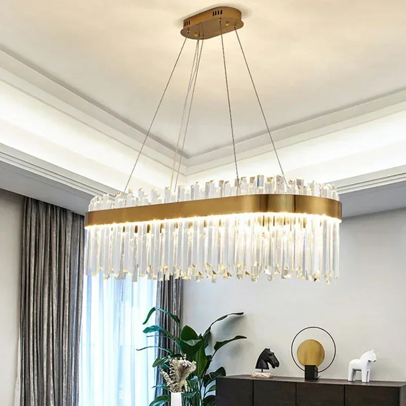 suspension lumineuse moderne dorée cristal chrome poli led télécommande transparente chambre salon