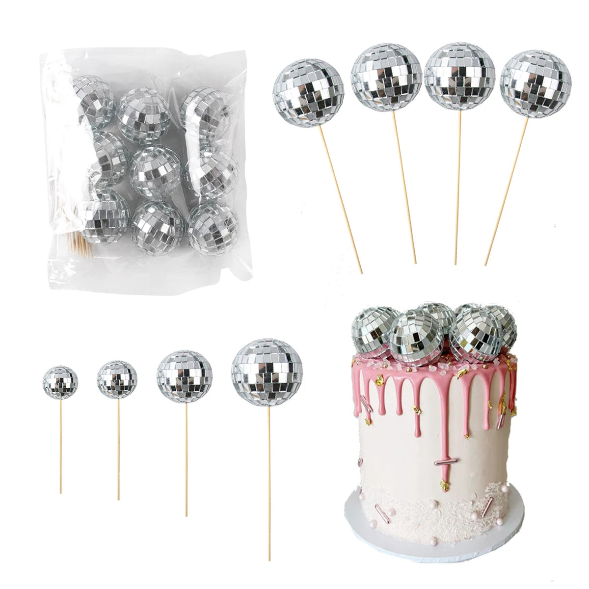 Boule disco argentée pour gâteau années 70 vue de face