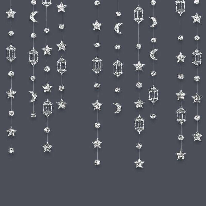 guirlande étoiles lunes lanternes or argent effets scintillants décoration eid mubarak festive intérieur