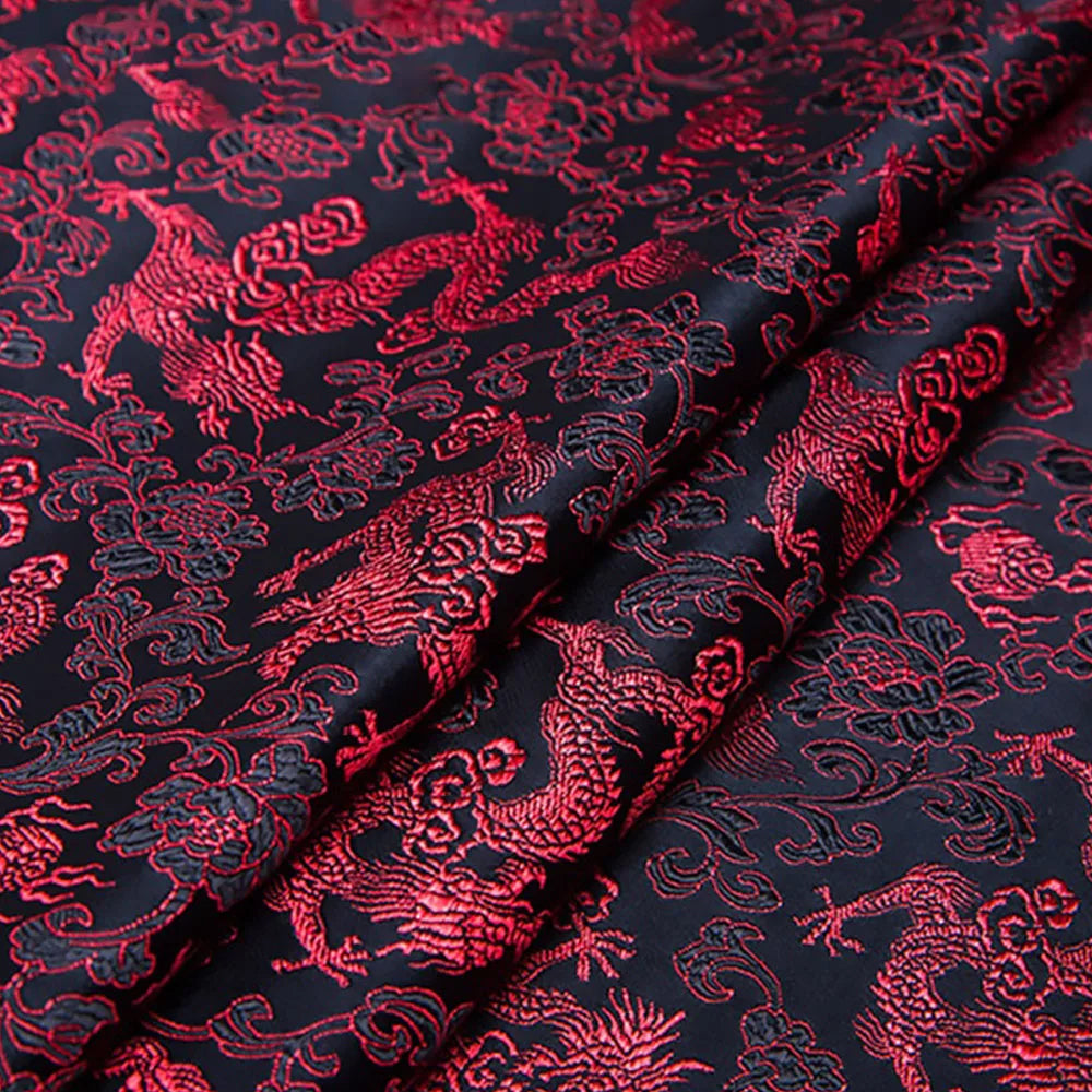 tissu brodé dragon nuages jaune rouge violet bleu noir traditionnel élégant couture bricolage artisanat