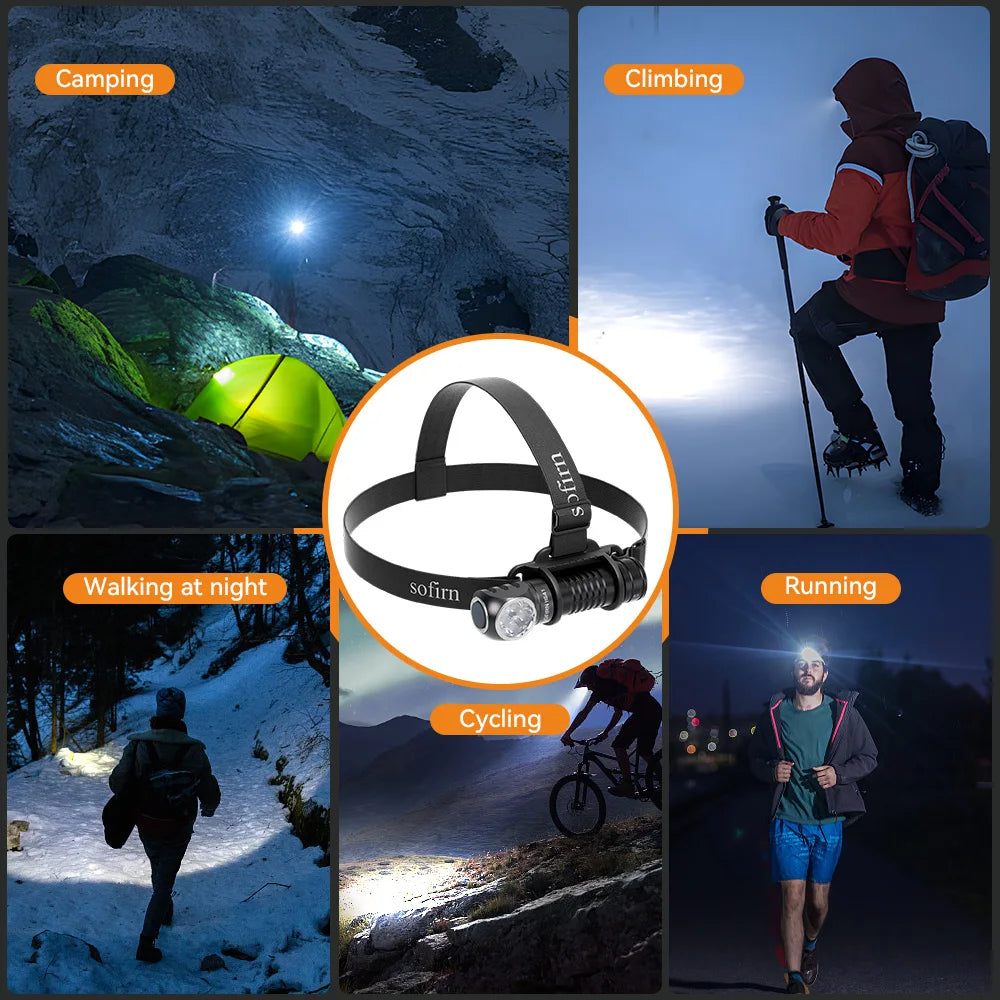 lampe frontale rechargeable led 6500k noire bandeau marron type outdoor camping