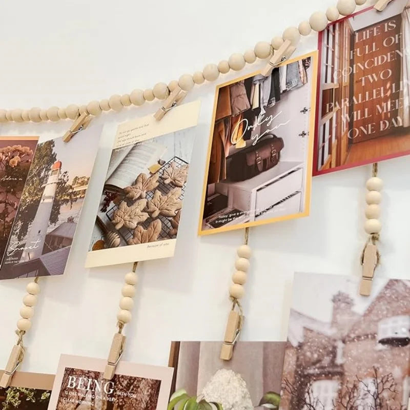 cadre mural photos bois boho rustique clips beige blanc simple geometric