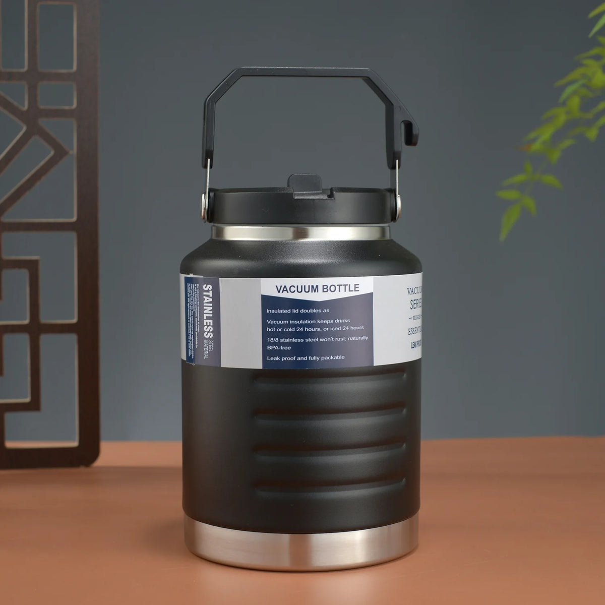 thermos bouteille 1500ml 2000ml acier inoxydable rayures horizontales poignée couvercle moderne vert olive noir