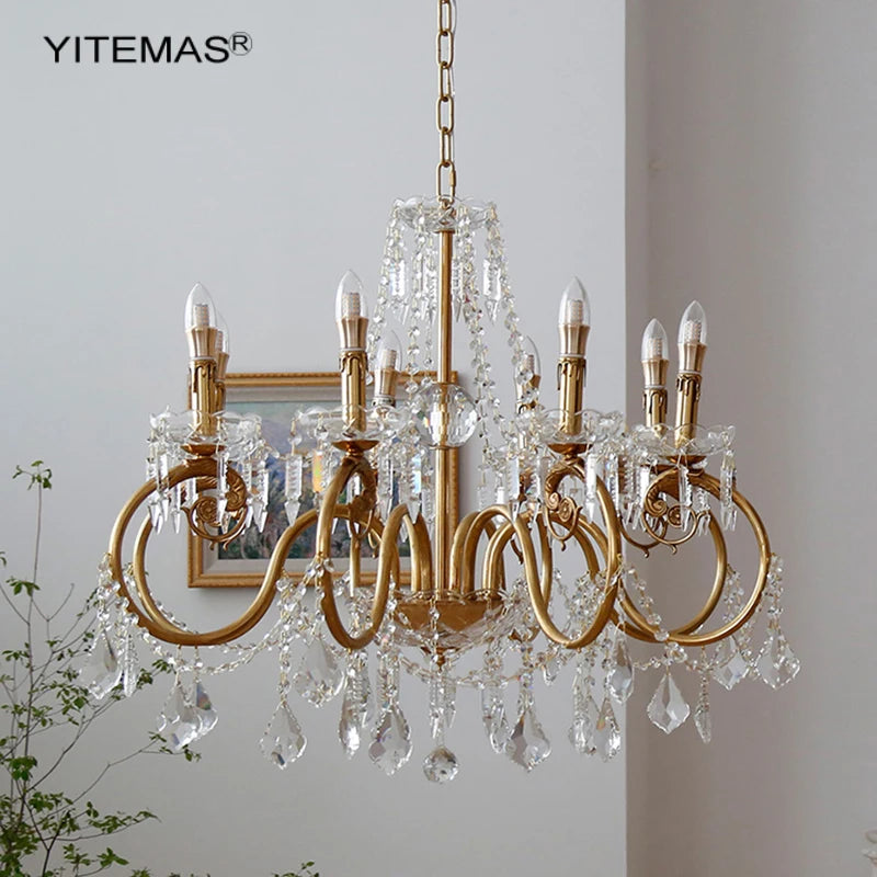 lustre suspendu doré ornements floraux cristal transparent classique ampoules chaîne pendeloques