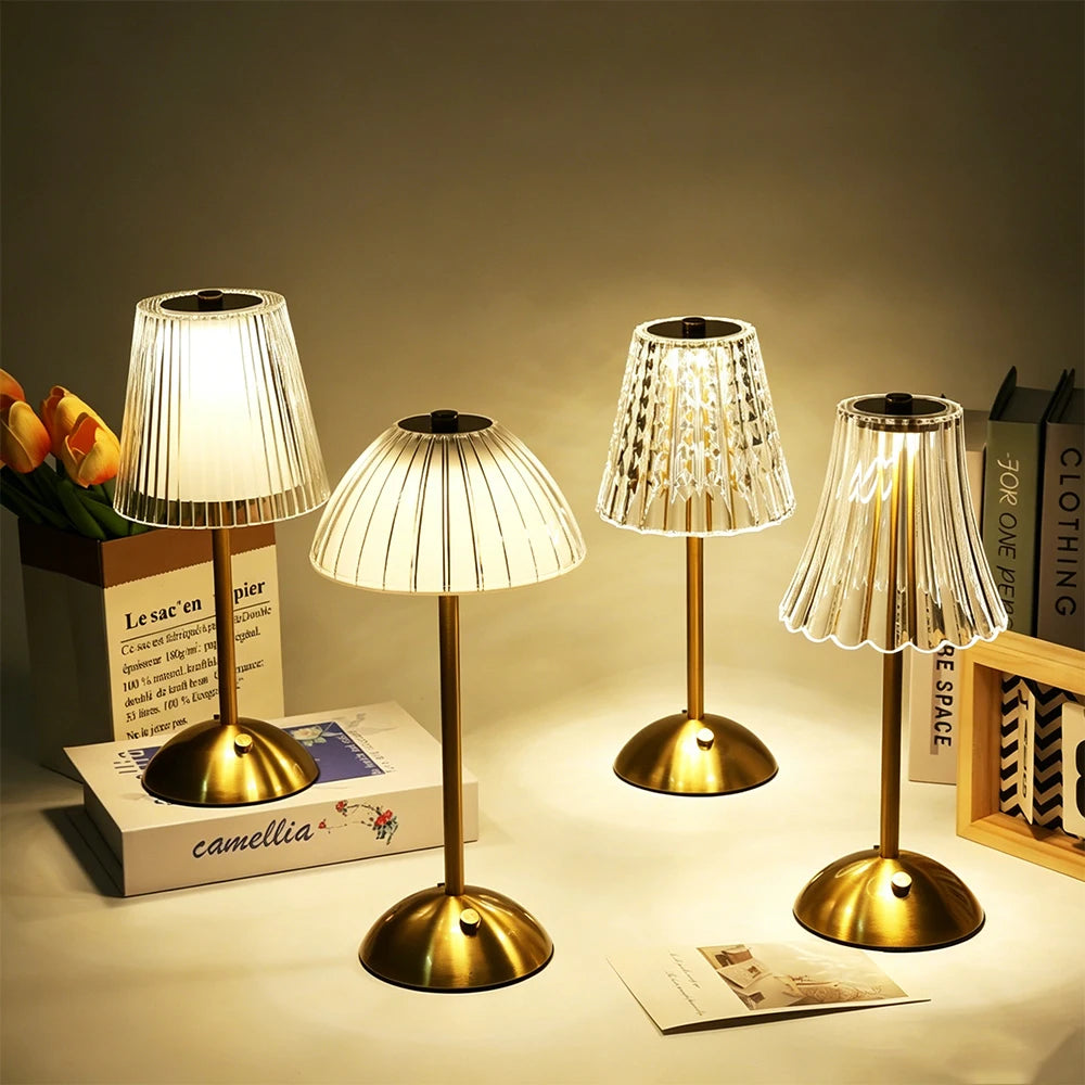 lampe table led dorée transparente capteur tactile rechargeable chambre moderne élégante motifs géométriques