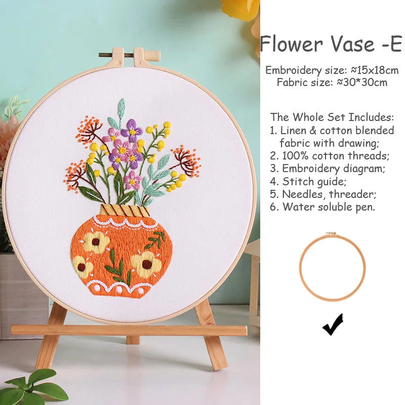 kit broderie fleurs vases multicolore traditionnel anneaux bois guide couture aiguilles fil coton