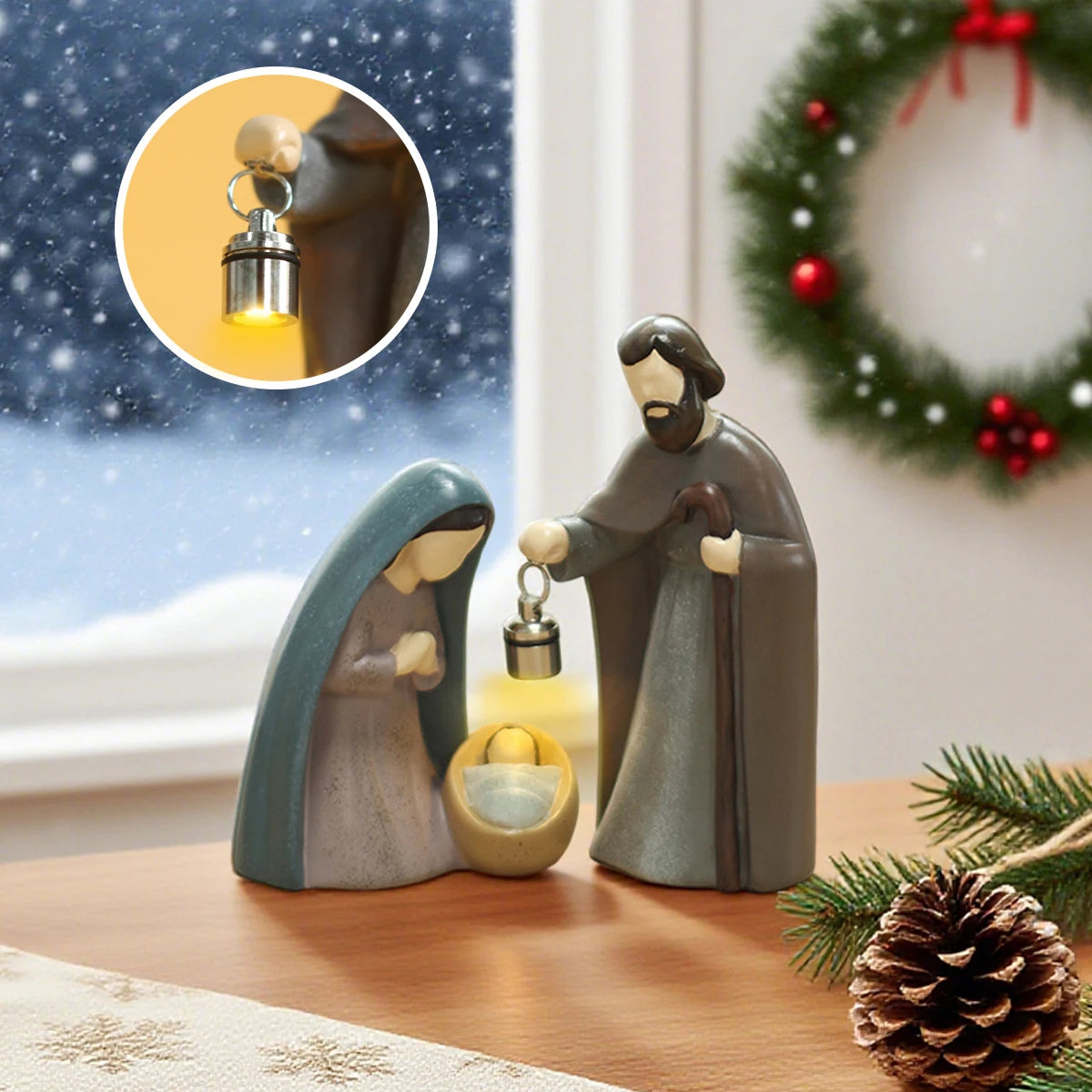 statue crèche noël bébé résine bleu gris classique lampe led intégrée occasion chrétienne