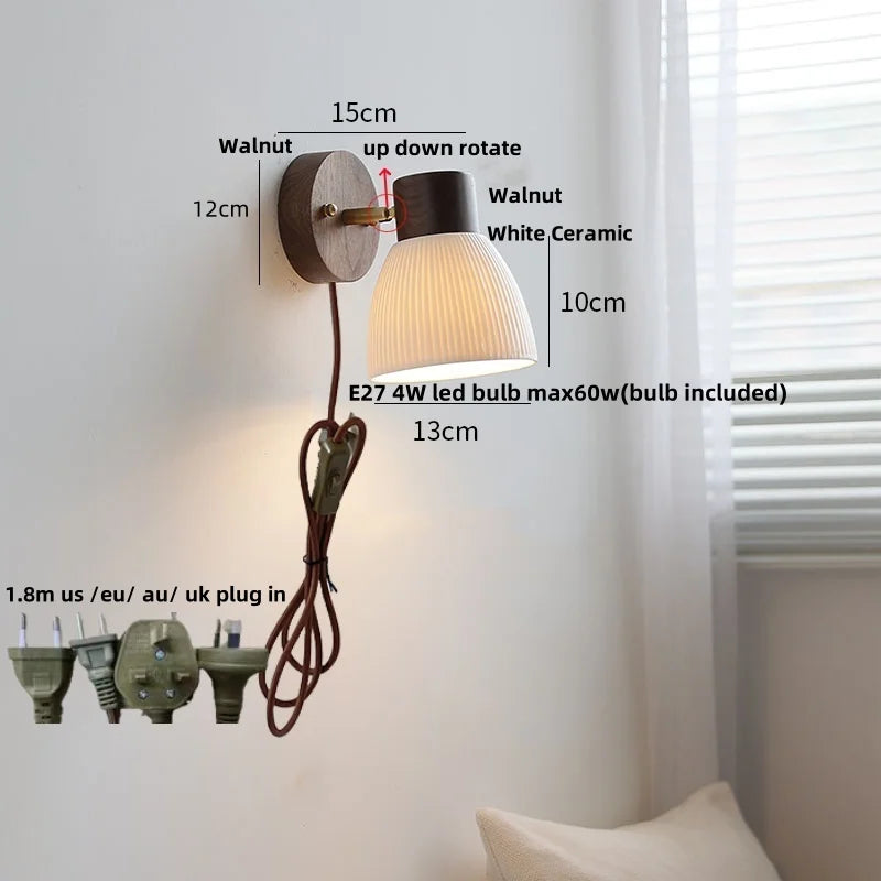 lampe murale moderne abatjour blanc translucide bois marron foncé motifs rayonnants semi transparent switch