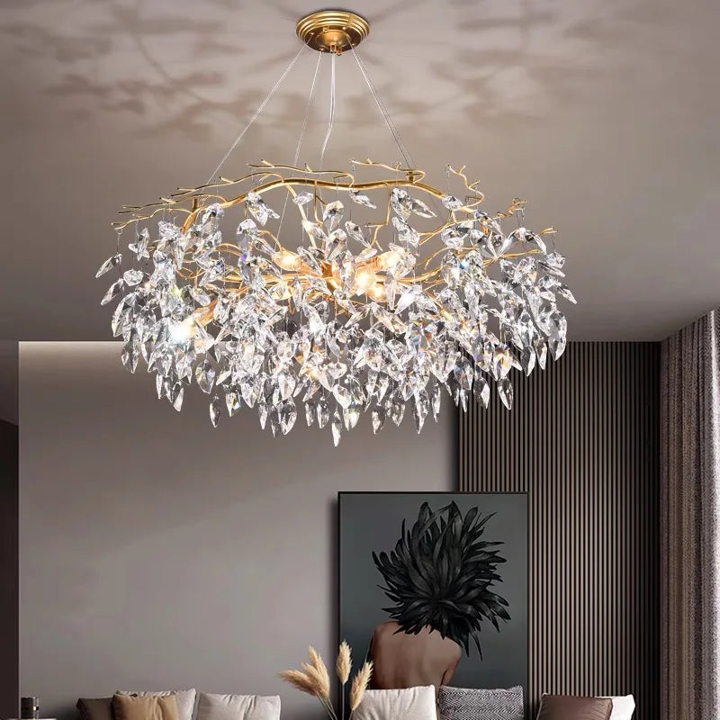 lustre moderne pendentif cristal doré feuilles stylisées led salon chambre