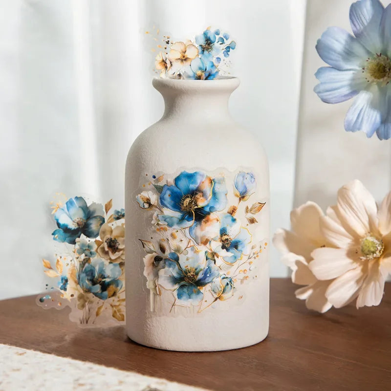 sticker fleur vintage blanc bleu floral manuel papier opacité 145 95mm