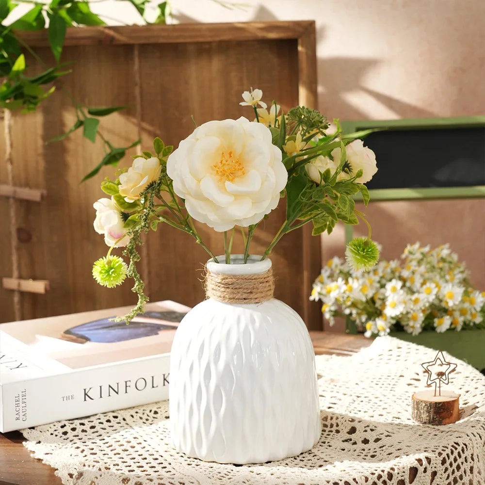 vase décoration moderne blanc rayures verticales opalescent ruban jute fleurs artificielles