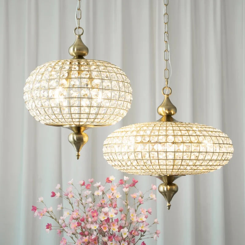 Suspension lumineuse vintage dorée cristaux transparents chaîne métallique classique 30cm 45cm 62cm
