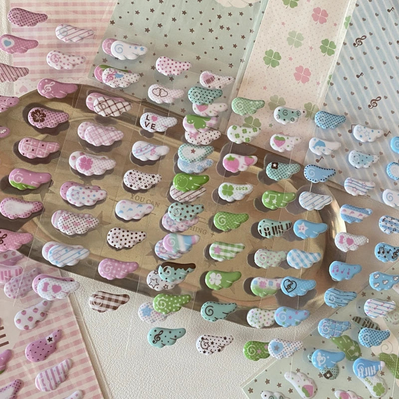 autocollants kawaii oiseaux coeurs géométriques rose vert bleu blanc opaques cartoon téléphone photo bagages