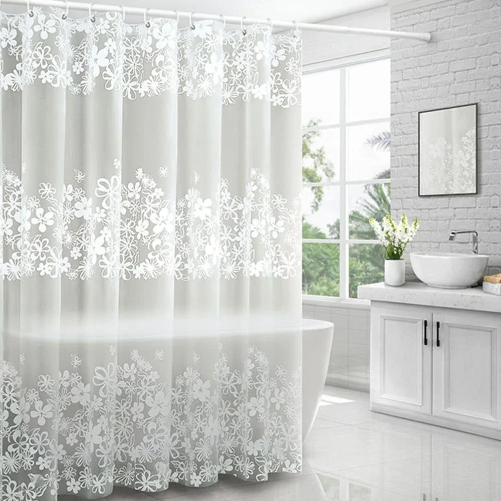 rideau douche moderne fleurs blanches translucide éva ourlet standard 180x200cm respectueux environnement crochets facile