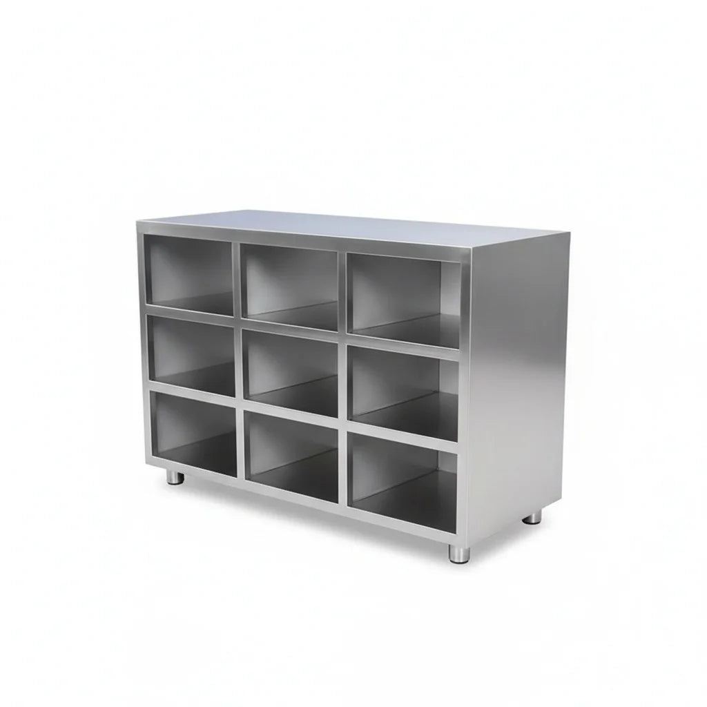meuble rangement chaussures gris acier inoxydable moderne compartiments robuste durable contemporain pieds ronds