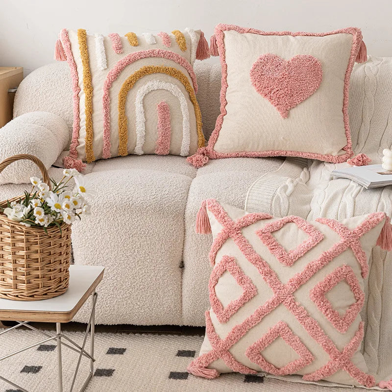 coussin carré moderne brodé géométrique rose boho chic franges adhésif zip 45x45cm