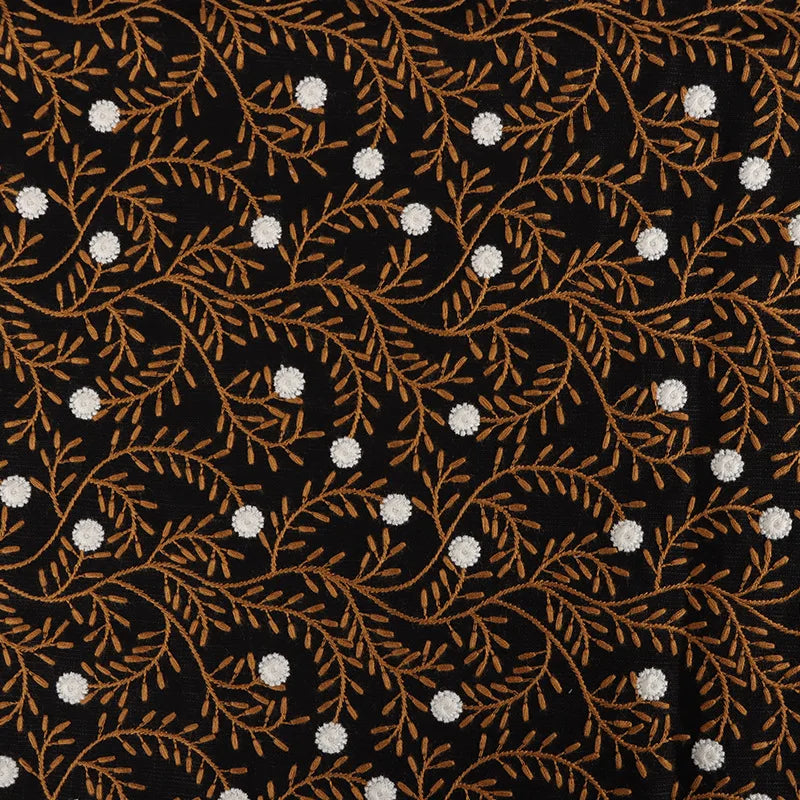 tissu brodé motifs floraux noir marron doré blanc respectueux environnement traditionnel 125cm large