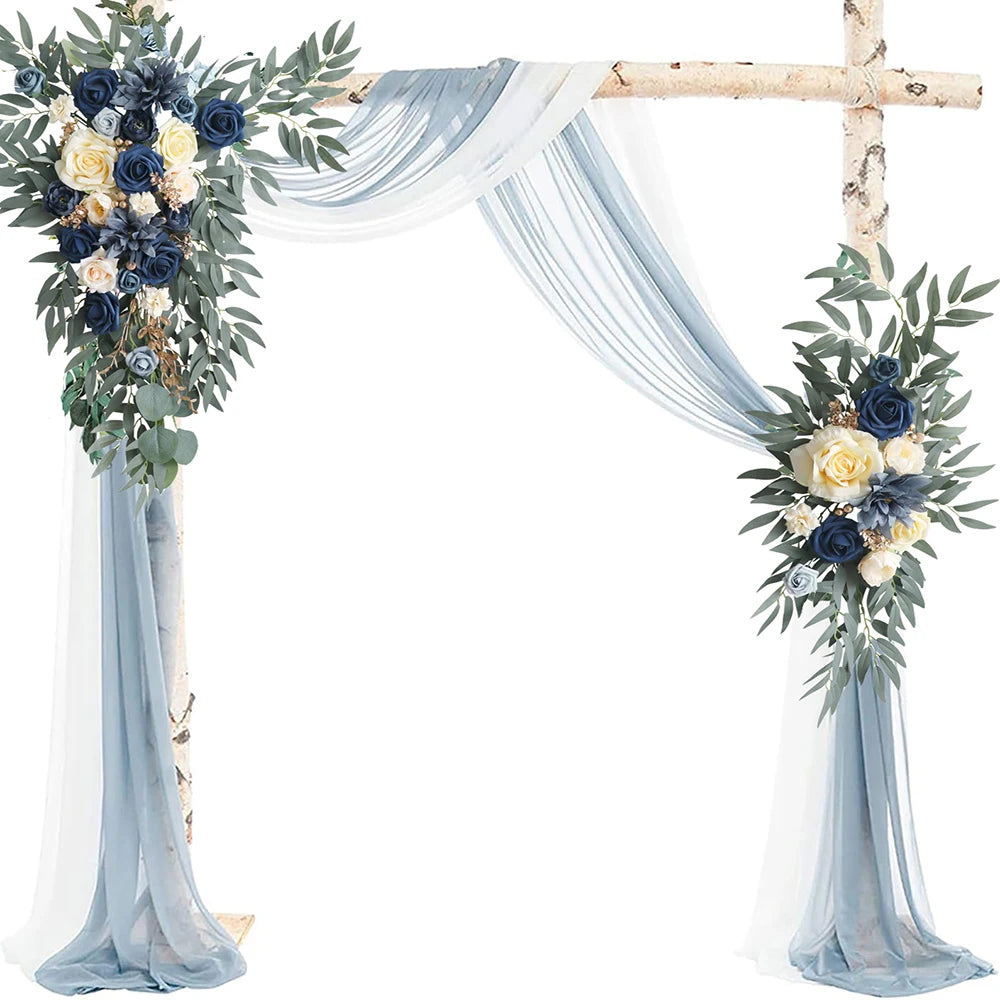 arche mariage fleurs artificielles bleu blanc feuilles vertes tissu translucide naturel romantiqueextérieurDecorationBoho