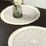 tapis rond boho chic motif floral franges beige clair salon chambre coucher moderne geometrique