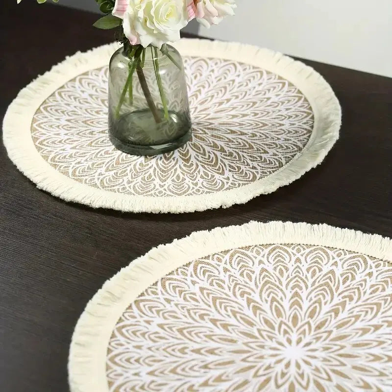 tapis rond boho chic motif floral franges beige clair salon chambre coucher moderne geometrique