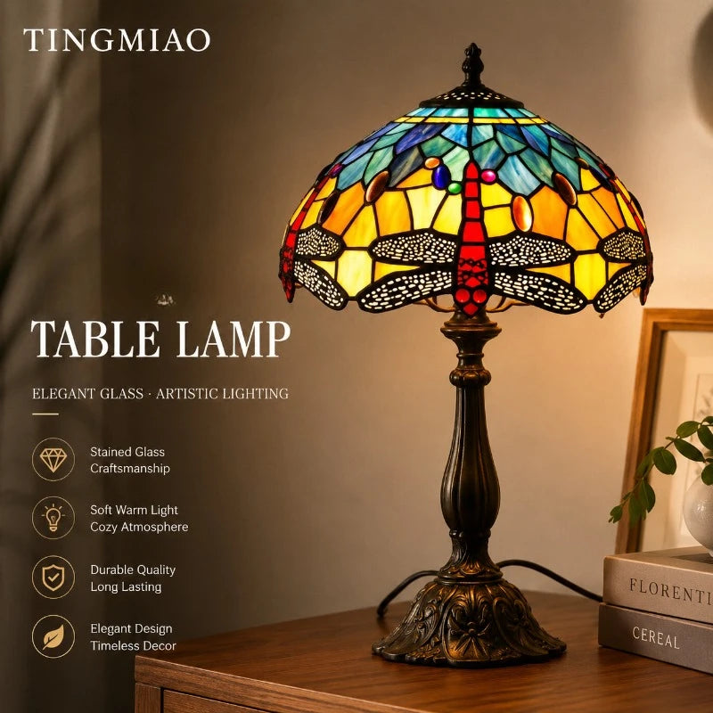 lampe table art nouveau tiffany multicolore base sculptée interrupteur bouton