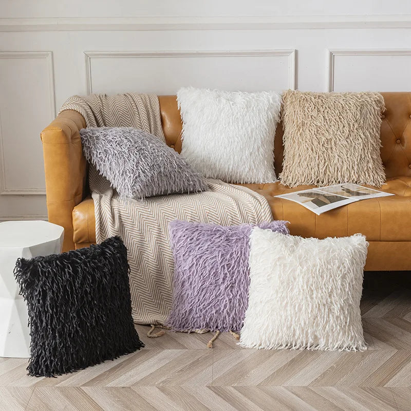 coussins polyester solides modernes noir gris beige violet blanc opaques texture frisée fixés
