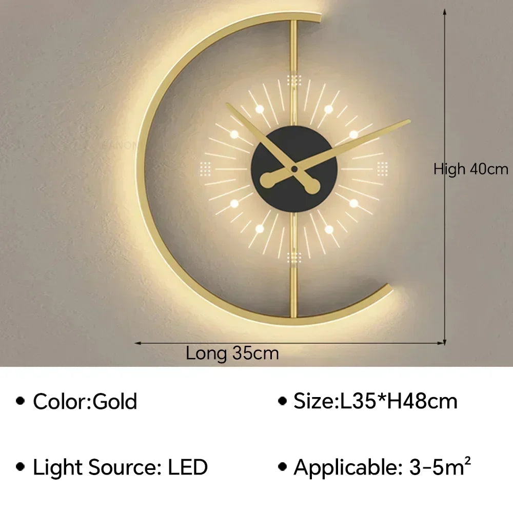 horloge murale moderne or noir lumineuse éclairage led fixée mur minimaliste