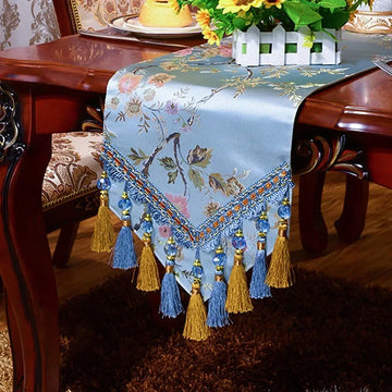 nappe table brodée florale bleu clair beige doré classique maison polyester coton Jacquard