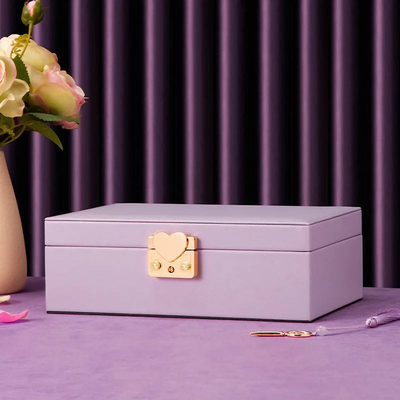 boîte bijoux cuir violet velours doux classique boutons cœur compartiments rangement boucles doreilles echangement