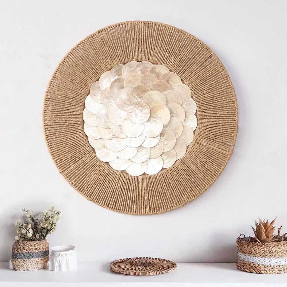 décoration murale boho chic circulaire motif floral rayures concentriques couleur beige blanc suspension murale