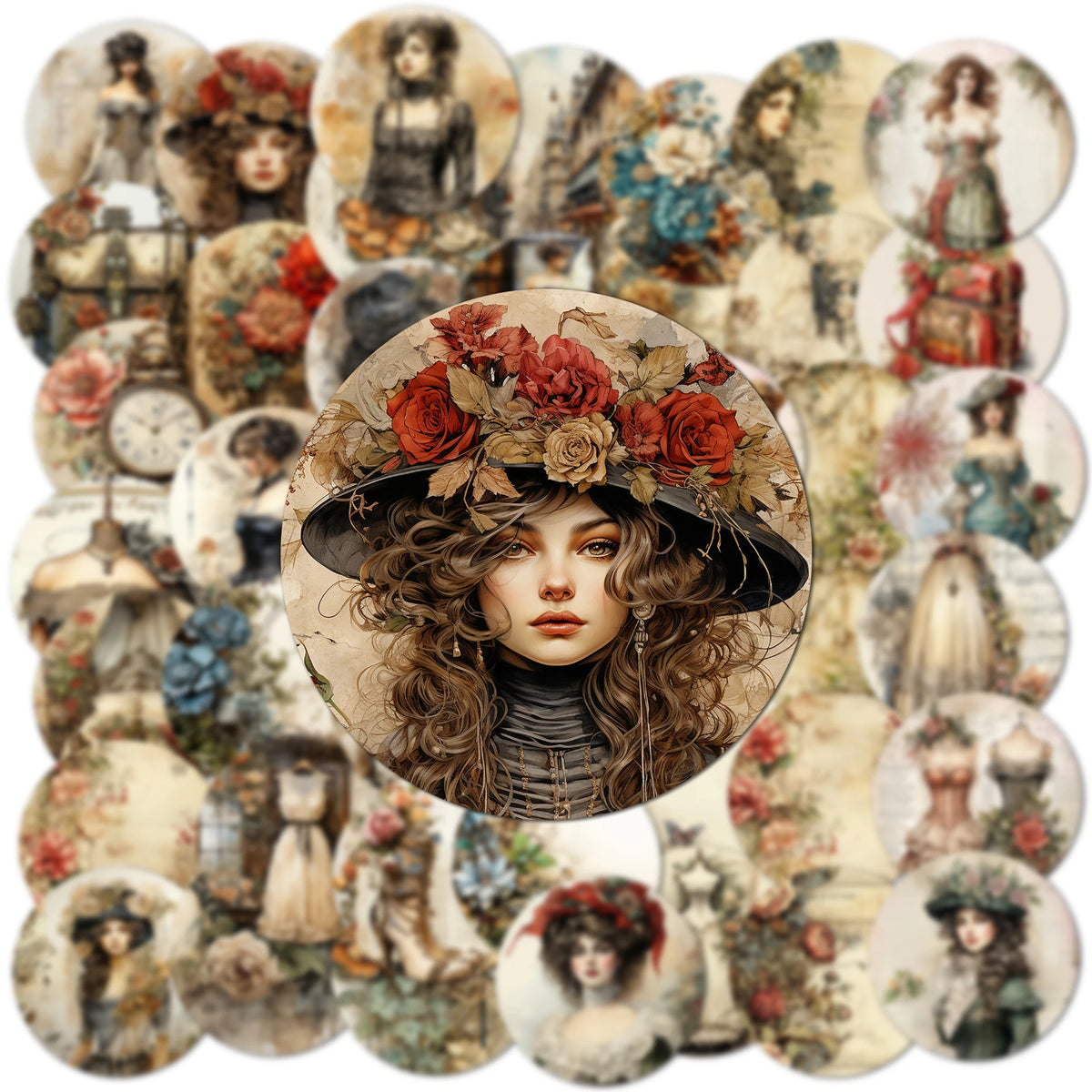 médailles vintage romantique fleurs vêtements historiques accessoires scènes urbaines beige noir rouge bleu vert