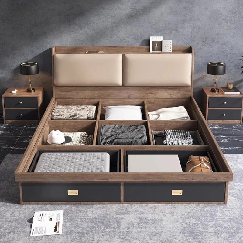 lit moderne bois marron tête lit tissu beige deux chevets sommier tiroirs latéraux