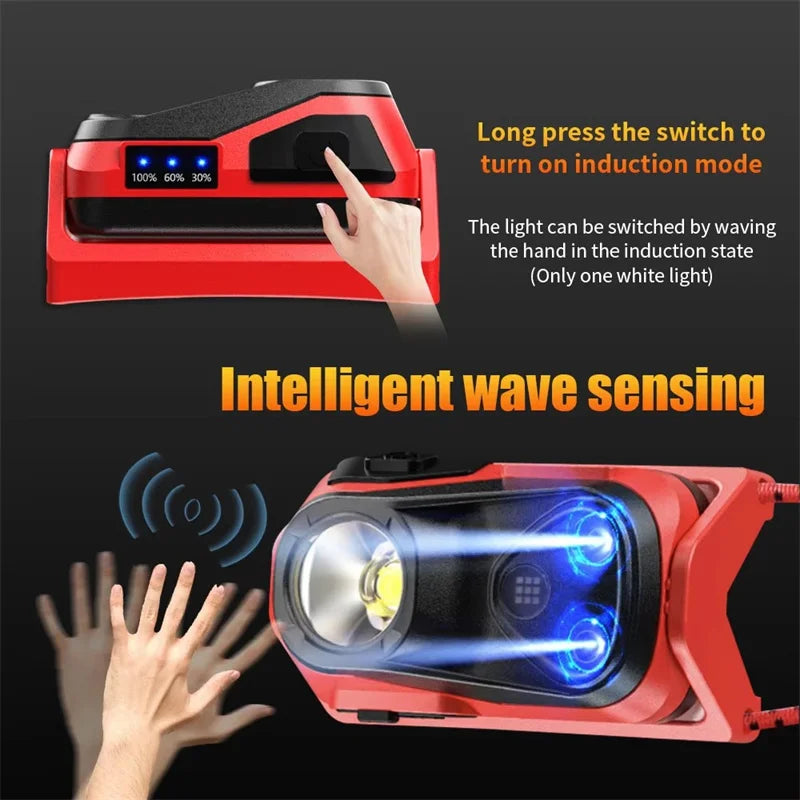 lampe frontale led rechargeable headlamp camping torch travail nuit mode ajustable ceinture rouge moderne