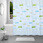 rideau douche poissons pois bleu clair vert jaune moderne enfant ondulé opacité anneaux