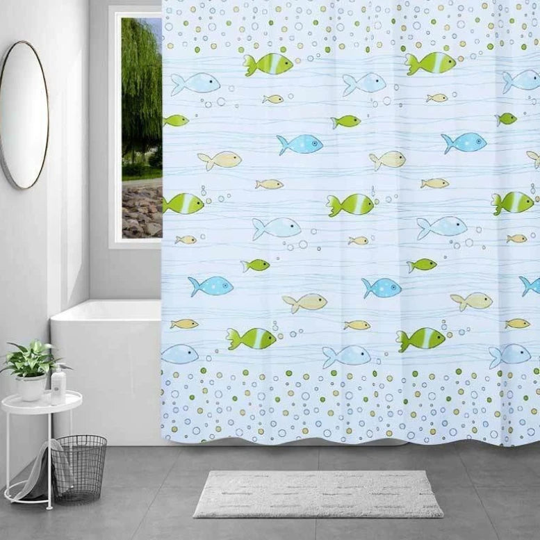 rideau douche poissons pois bleu clair vert jaune moderne enfant ondulé opacité anneaux