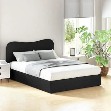 lit moderne tête lit tissu texturé cadre bois sommier noir blanc gris beige