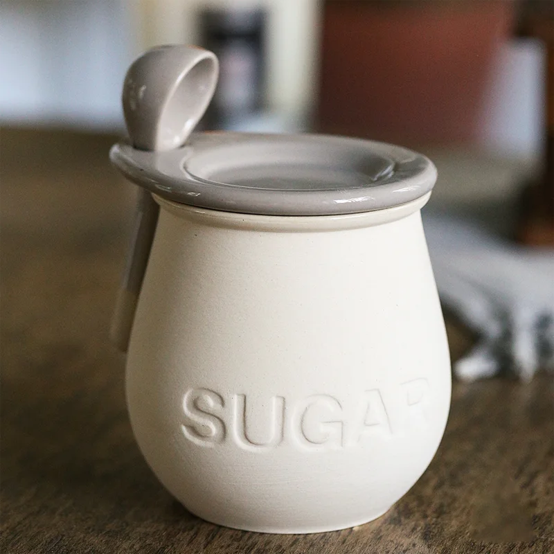 pots sel sucre céramique vintage embossé rouille crème cuillères bois fixées ensemble rustic farmhouse