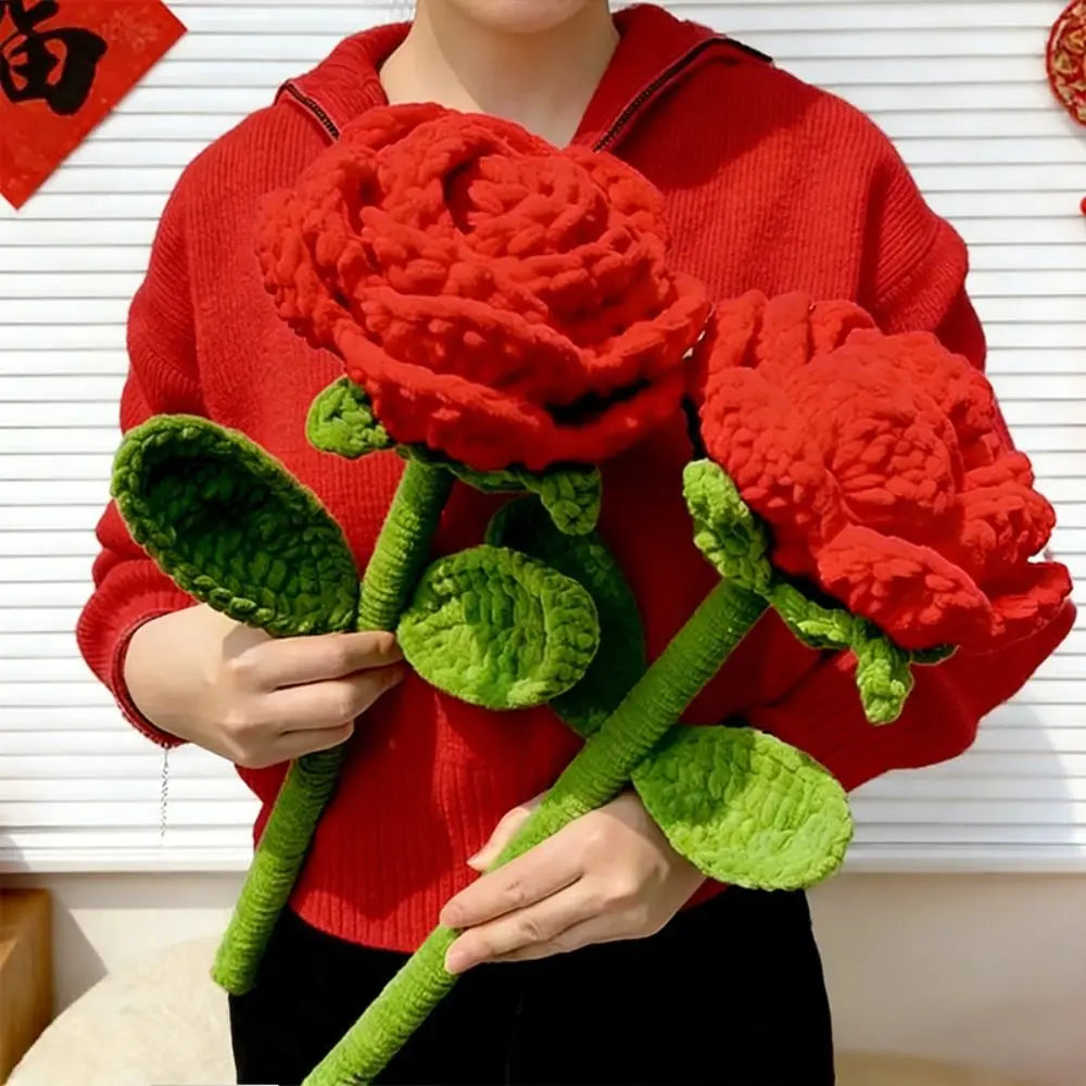 fleurs artificielles tricotées rouge vert décoration maison saint valentin anniversaire trame épaisse opacité ruban