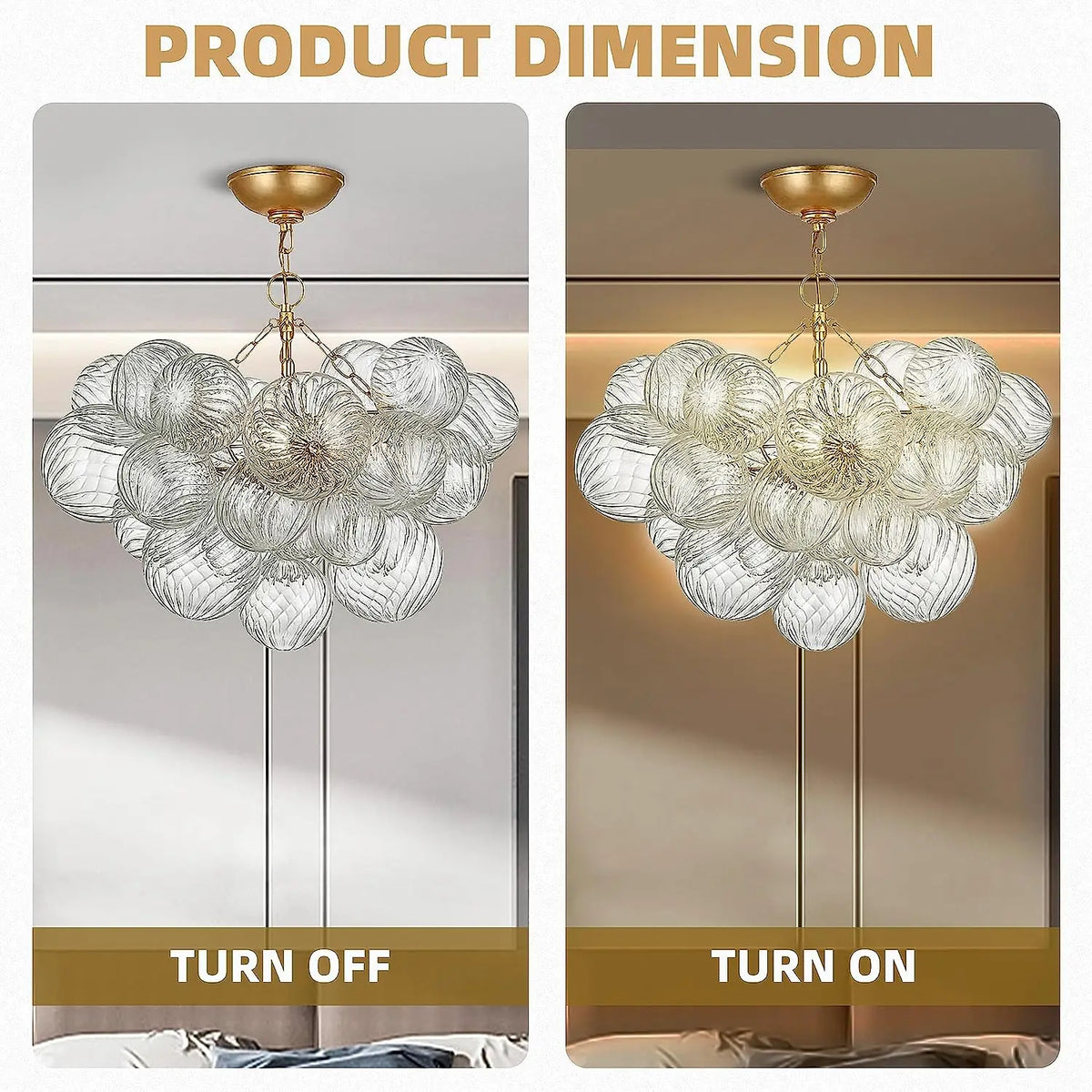 suspension lumineuse moderne élégante transparente billes dorées effet bulles chaîne métallique chambre salon étude