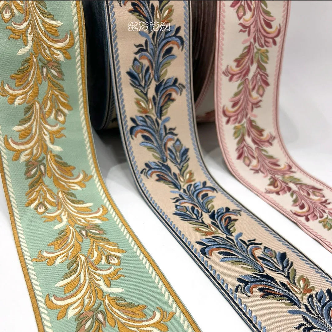 ruban decoratif floral brode 8cm largeur polyester vert beige bleu marron rose blanc