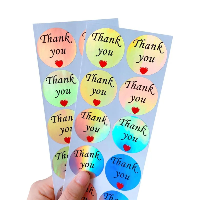 autocollants rétro bleu vert rose blanc coeurs thank you merci gracias vintage holographique papier
