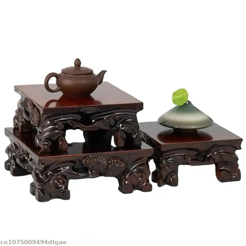 support bois sculpté motifs floraux artisanal miniature collection marron foncé