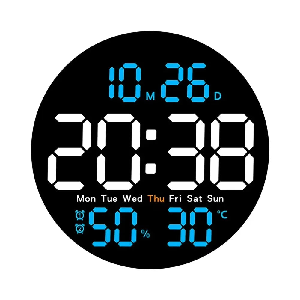 horloge murale numérique moderne affichage led temps date température humide noir bleu vert