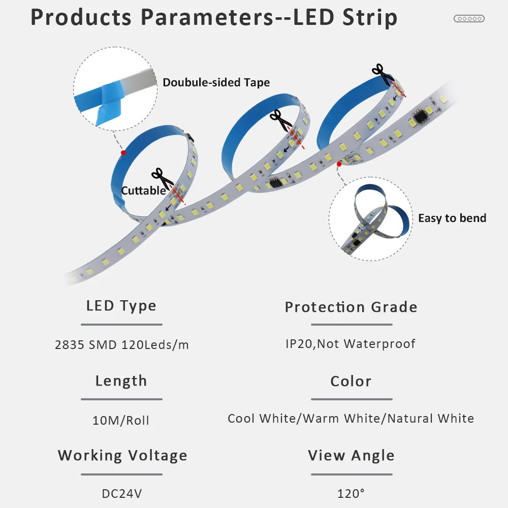 ruban led 24v 120leds blanc froid chaud moderne adhésif contrôleur