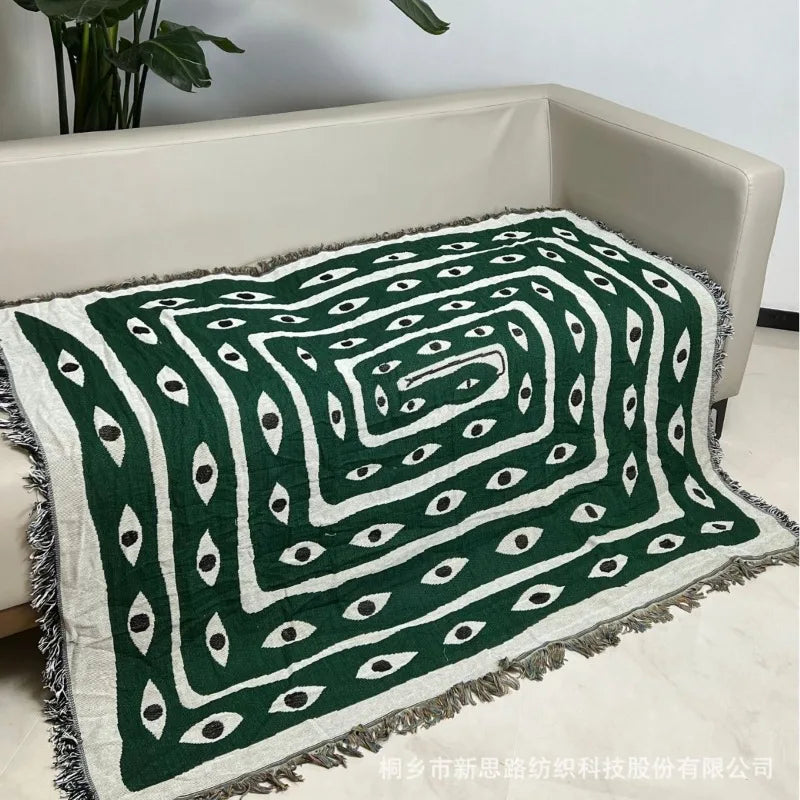 couverture moderne abstraite rouge vert beige motif géométrique polyester opacité bordure frisée fixations camping