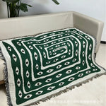 couverture moderne abstraite rouge vert beige motif géométrique polyester opacité bordure frisée fixations camping