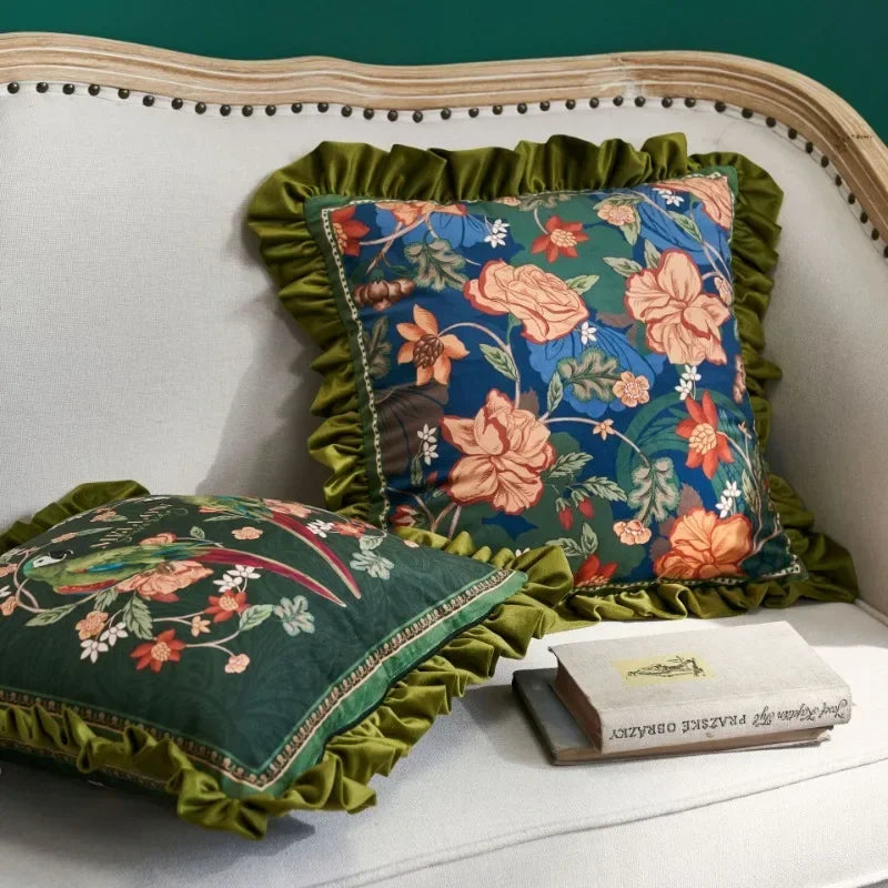 housse coussin imprimée perroquet oiseaux fleurs polyester coton lit carré vintage bleu vert rose