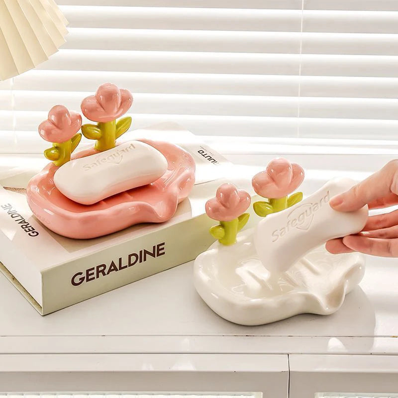 support savon moderne fleurs roses blanc vert salle bain antidérapant drainage accessoire décoration
